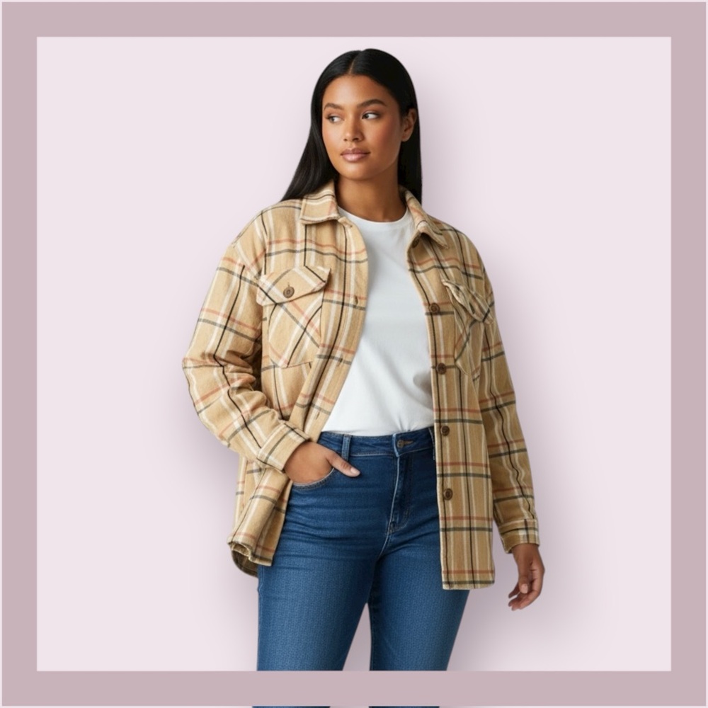Taxi Premium Tan Plaid Flannel Shacket